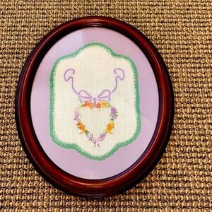 Vintage Framed Embroidered Floral Heart Handkerchief